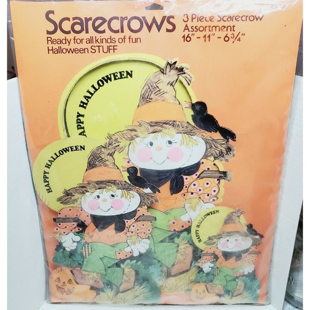 Vintage Halloween SCARECROW Pumpkin American Greetings 3 Piece Die Cut Set - NOS